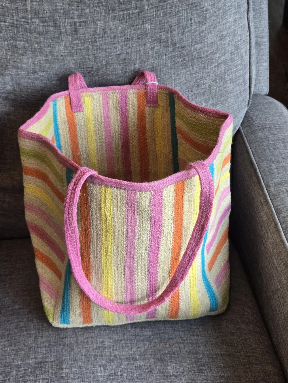 SHIRALEAH Chicago Jute Tote Bag with Pink Stripes